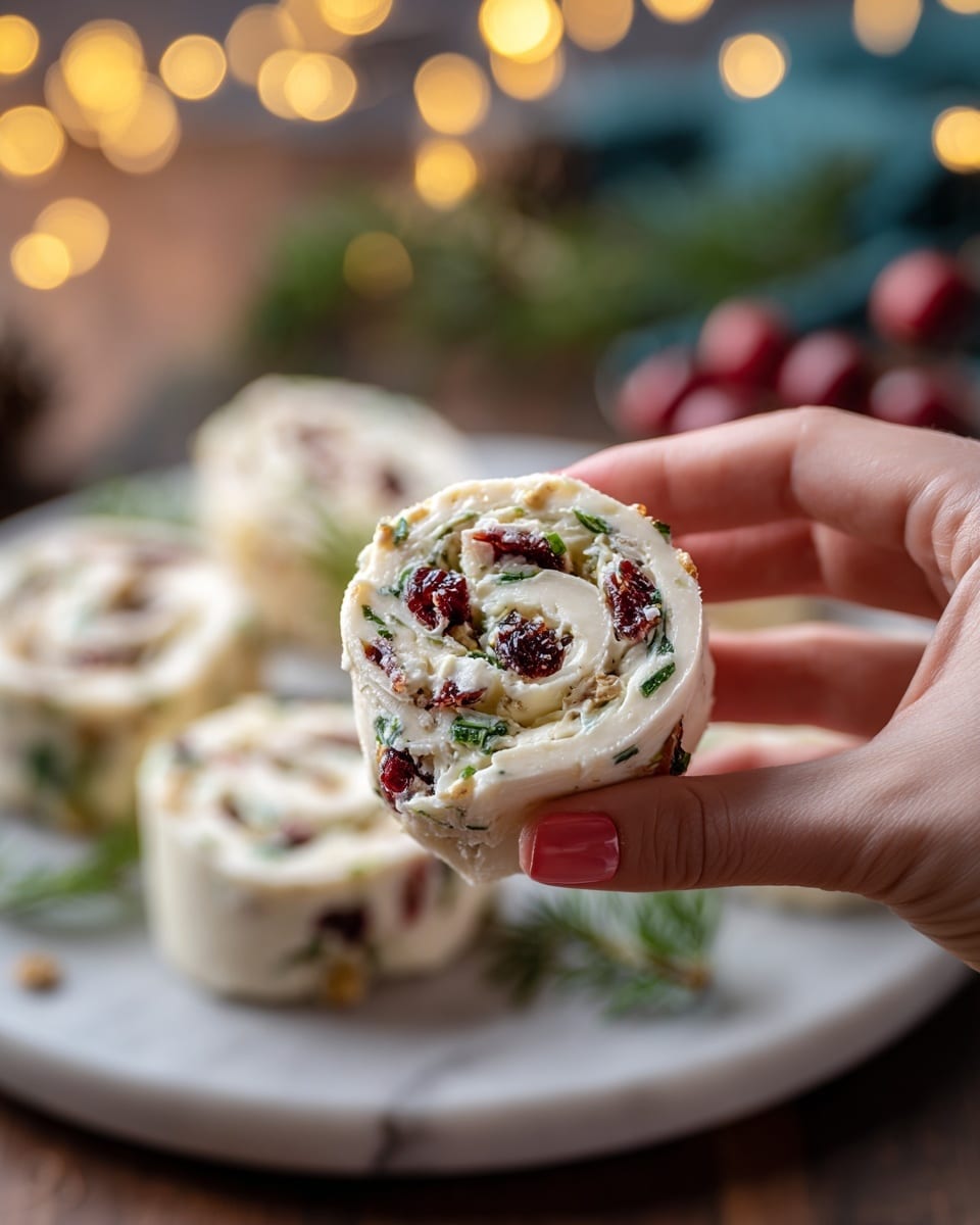 A close-up image of a small roll held by a woman's hand; the roll has three visible layers—an outer soft white wrap, a middle creamy white layer mixed with small green herbs, and inner pieces of deep red dried fruit that add texture throughout the swirl. The roll is round and thick, showing the spiral pattern of the layers clearly. In the background, a white plate holds more of these rolls, slightly out of focus, sitting on a white marbled surface decorated with soft blurred lights and some greenery, creating a warm, festive feel. photo taken with an iphone --ar 4:5 --v 7