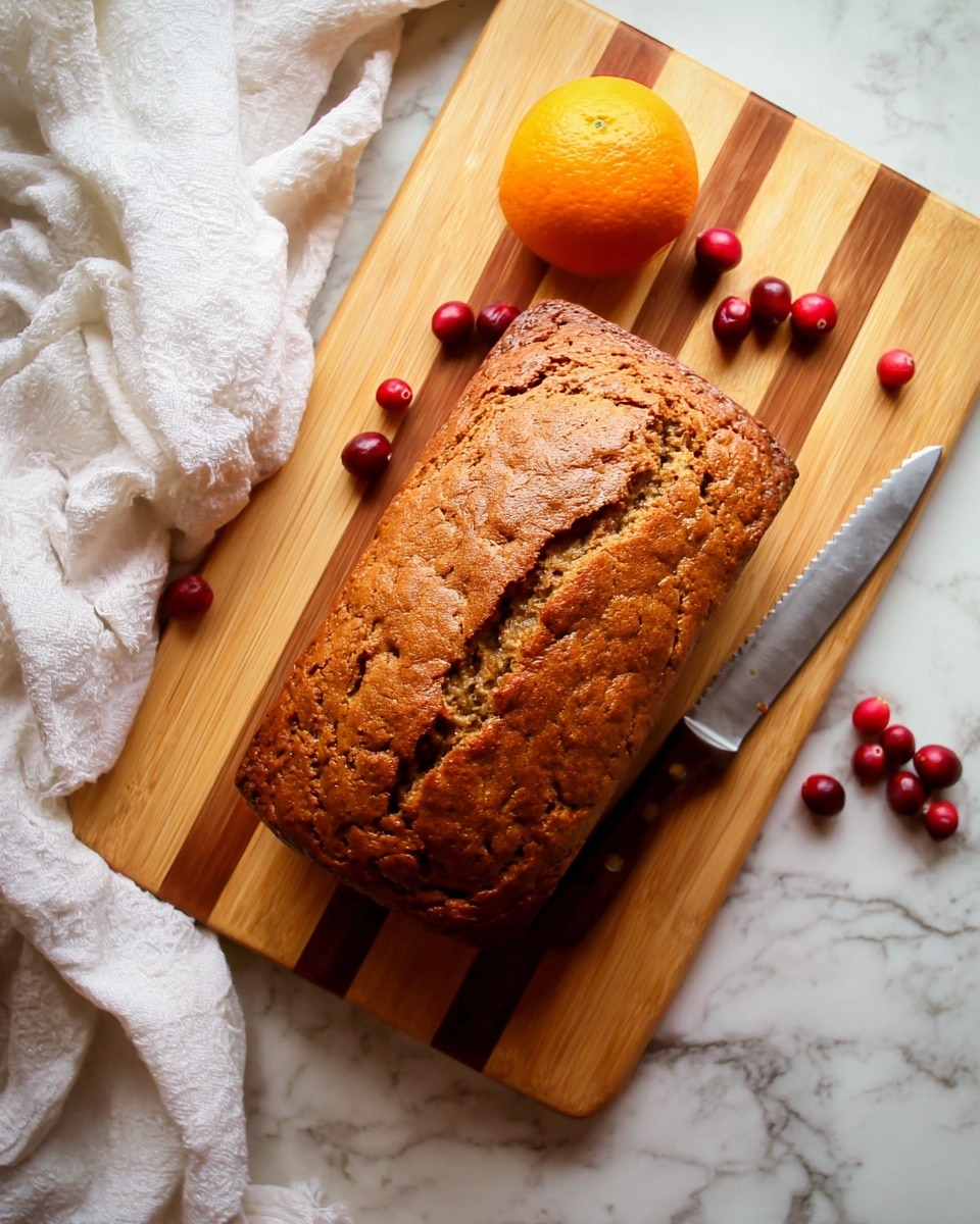 A rectangular loaf of golden brown bread with a rough cracked top surface sits on a wooden cutting board with light and dark stripes. Next to the loaf is a bright orange and several small red cranberries scattered around. A serrated knife lies diagonally on the board near the orange. The board is placed on a soft white marbled surface with white fabric loosely draped nearby. photo taken with an iphone --ar 4:5 --v 7