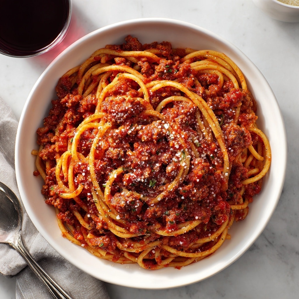 A white bowl filled with a single layer of spaghetti pasta coated in thick, red tomato meat sauce with small chunks of browned ground meat mixed throughout. The sauce has a rich texture with visible pieces of tomato and meat. Light sprinkles of finely grated white cheese are scattered over the top, adding a slight contrast against the reddish sauce. The bowl rests on a white marbled surface with a silver fork placed nearby and a dark red drink in a white cup partially visible at the top corner. photo taken with an iphone --ar 4:5 --v 7