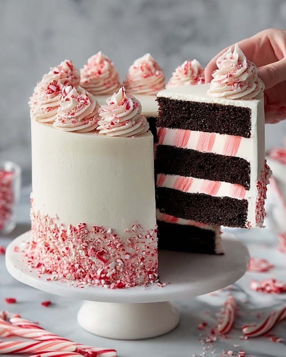 A tall cake on a white cake stand with three dark brown chocolate layers separated by two bright pink and white striped cream layers. The cake is covered with smooth white frosting, and the bottom half is decorated with crushed red and white peppermint pieces. On top, there are evenly spaced red and white swirled cream dollops. A woman's hand is lifting a slice showing the inside layers clearly. The background is a white marbled texture with scattered peppermint pieces and candy canes. Photo taken with an iphone --ar 4:5 --v 7
