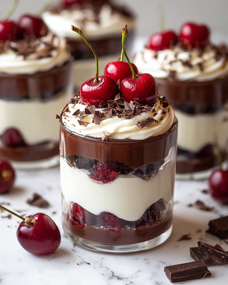 The image shows a glass dessert with three visible layers: the bottom layer is creamy white pudding mixed with whole dark red cherries, the middle layer is rich, smooth dark brown chocolate pudding, and the top layer is white whipped cream with a soft, fluffy texture. On top, there are three whole shiny dark red cherries with green stems placed as decoration, and some chocolate shavings scattered on and around the whipped cream. A shiny golden spoon is digging into the whipped cream and chocolate layers. The glass is placed on a white marbled surface with a few loose cherries, chocolate shavings, and a chocolate bar piece nearby. In the background, there are two similar cupcakes with layered white and dark brown cream, topped with whipped cream and cherries. photo taken with an iphone --ar 4:5 --v 7