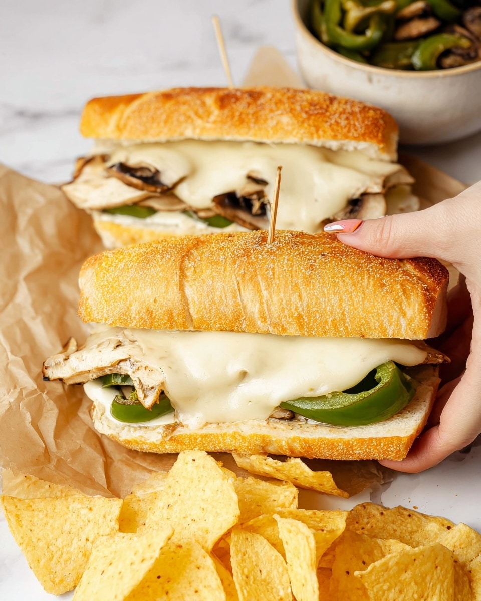 Two sandwiches on a white marbled surface covered with brown paper, each sandwich in a white hoagie roll with a golden-brown top sprinkled with cornmeal. The sandwiches have a bottom layer of grilled green bell pepper slices, topped with a layer of melted white cheese that looks soft and creamy, slightly dripping over the edges. A wooden toothpick holds each sandwich together. Around the sandwiches are thick, crunchy, yellow tortilla chips. In the top right corner, part of a white bowl is visible, filled with cooked green bell peppers and mushrooms. A woman's hand is holding the bottom sandwich. Photo taken with an iphone --ar 4:5 --v 7
