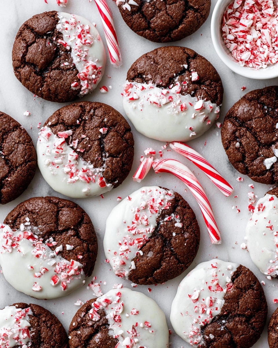 The image shows many round chocolate cookies with a cracked texture, each half-covered with a smooth white icing. On top of the icing, there are small crushed red and white candy pieces sprinkled evenly, adding a burst of color. The cookies are placed directly on a white marbled surface, scattered closely together. Among the cookies, there are a few whole red and white striped candy canes. In the top right corner, a small white bowl holds more crushed candy pieces, adding extra texture and color to the setup. Photo taken with an iphone --ar 4:5 --v 7