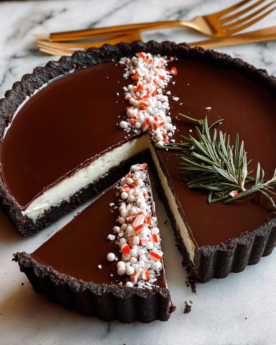 A dark chocolate peppermint mousse tart with three visible layers: the bottom layer is a dark chocolate crumb crust with a rough texture and scalloped edge inside a metal tart pan; the middle layer is a light, creamy white mousse filling evenly thick; and the top layer is a smooth, shiny dark chocolate glaze covering the entire tart. On top, there is a diagonal line of decorations made with small white round sprinkles, red and white peppermint candy pieces, and green rosemary sprigs. The tart is placed on a red and green plaid fabric over a white marbled surface. Two gold forks rest beside the tart, and a slice is slightly pulled out, showing the mousse layer inside. photo taken with an iphone --ar 4:5 --v 7
