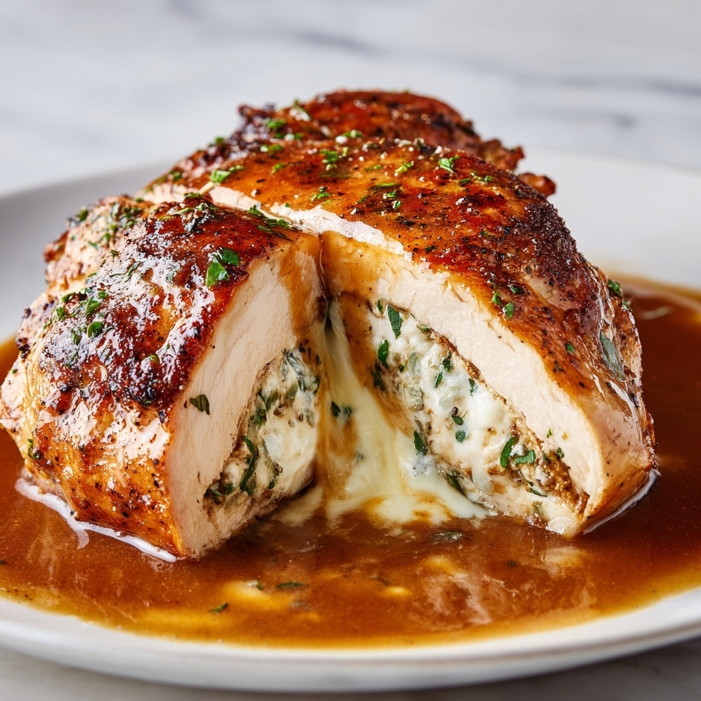 A close-up view of a stuffed chicken breast cooked to a golden brown with a slightly crispy surface and dark seasoning specks. The chicken breast is cut open in the middle to show a creamy filling with green herbs and melted cheese oozing out. The dish sits in a shallow pool of glossy brown sauce, adding a moist texture around the chicken. The background uses a white marbled texture. photo taken with an iphone --ar 4:5 --v 7
