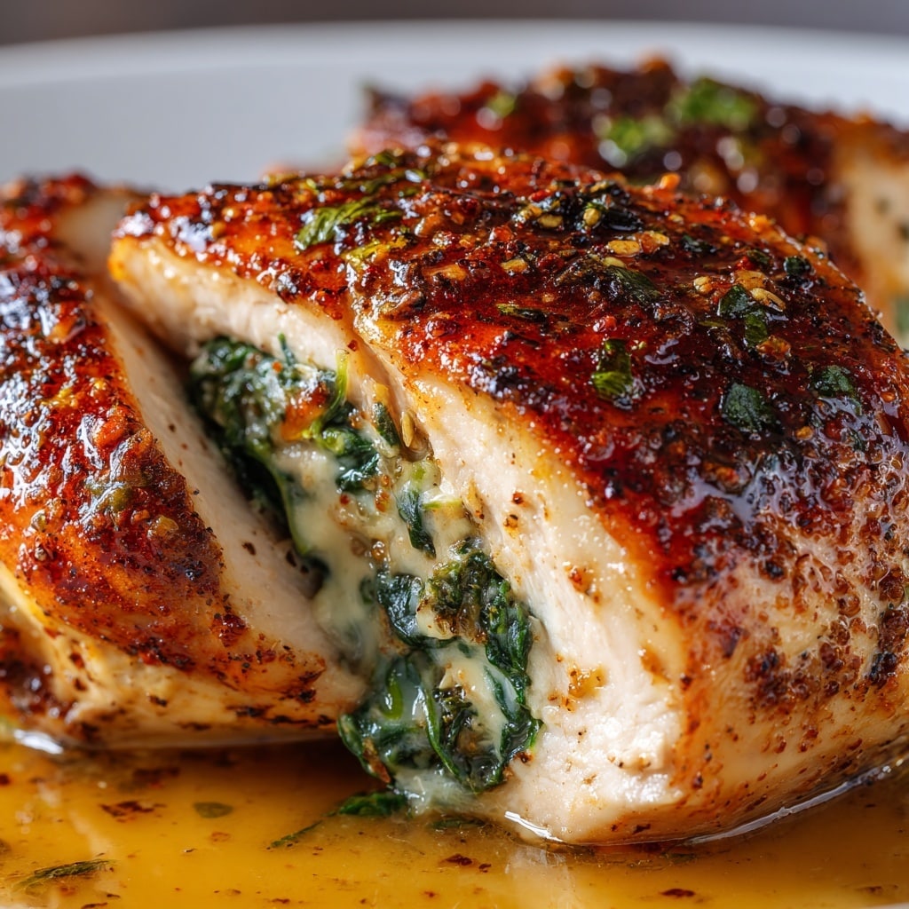 A close-up of a cooked stuffed chicken breast with a rich, shiny golden-brown outer layer with reddish spices evenly coating the skin. The chicken is split open slightly to reveal a creamy white cheese filling mixed with bright green spinach leaves inside. The chicken rests in a shallow pool of light brown cooking juices on a white marbled surface. The texture of the chicken looks tender and juicy, with slight browning spots showing it is well-cooked. Photo taken with an iphone --ar 4:5 --v 7