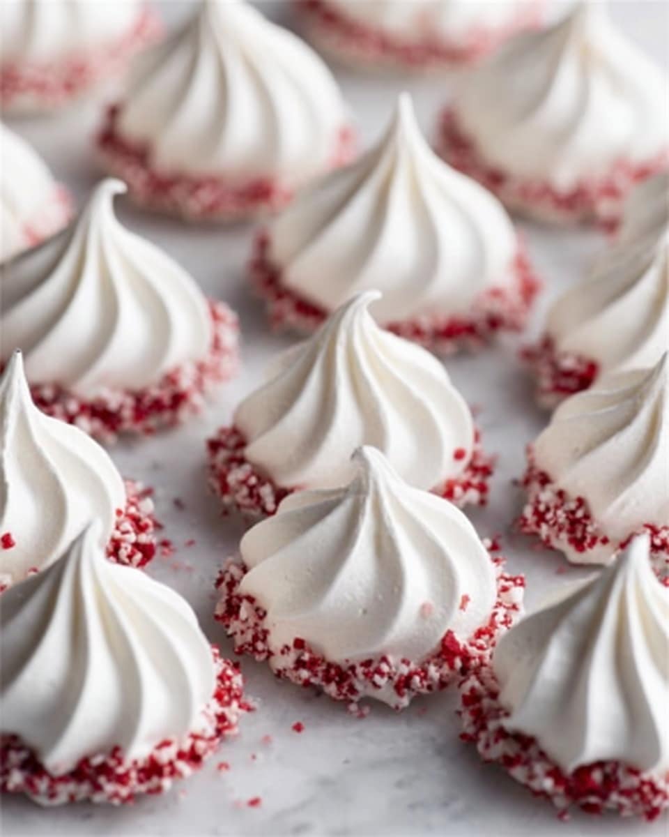 The image shows several white meringue cookies with a smooth, glossy texture and delicate peaks on top. Each meringue has a ruffled base that is dipped in small red sprinkles, adding a touch of color at the bottom edge. They are arranged closely together on a flat white marbled surface, creating a neat and attractive display. photo taken with an iphone --ar 4:5 --v 7
