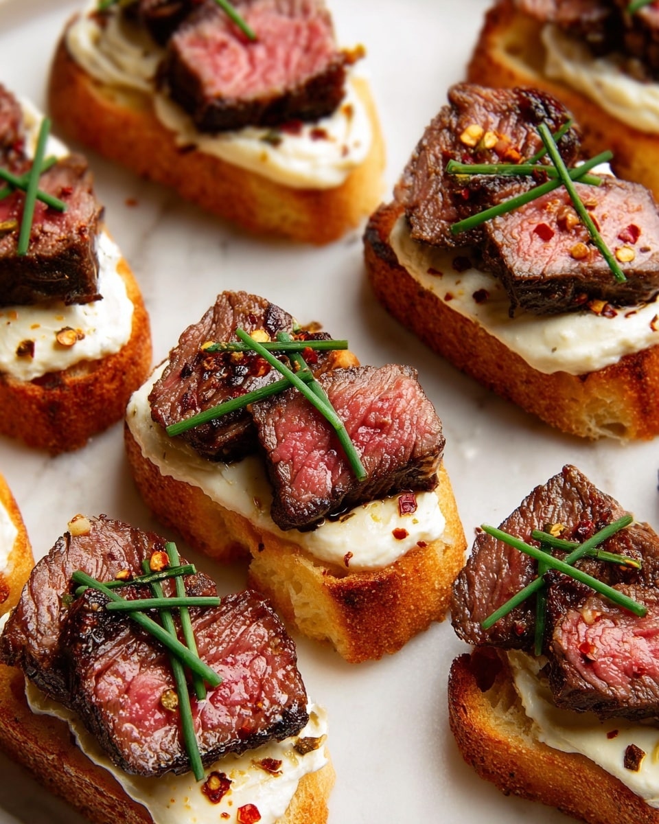 The image shows several small pieces of toasted bread as the first layer, with a golden-brown crispy texture. On top of each toast is a thick layer of creamy white cheese, slightly melted around the edges. The third layer is a medium-rare cooked steak slice, juicy pink in the center with a dark, seared crust. Small green chives are sprinkled on top of each steak slice, along with black pepper and tiny red chili flakes scattered over the cheese. All the pieces are placed closely on a white plate with a white marbled background. photo taken with an iphone --ar 4:5 --v 7