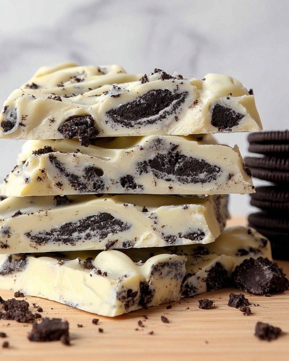 A close-up stack of four thick layers of white chocolate bark embedded with broken dark cookie pieces, each layer showing a mix of creamy white chocolate with uneven, rough black cookie chunks scattered inside and on the surface. The chocolate has a slightly glossy, smooth finish with some swirled texture on top and the edges look uneven and cracked. The stack sits on a light wooden surface with cookie crumbs around, and a blurred stack of whole dark cookies is visible to the right. The background is a white marbled texture. photo taken with an iphone --ar 4:5 --v 7