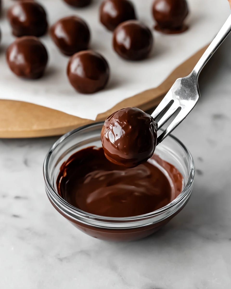 The image shows a chocolate sphere candy with a dark brown outer shell that is smooth and shiny, decorated with thin white chocolate lines running down the sides, sitting on a white marbled surface. Inside, the sphere is filled with a creamy, light beige filling that has small brown specks scattered throughout. The top of the sphere is sprinkled with golden crumb-like pieces, some of which are scattered around it on the surface. In the background, there are more whole chocolate spheres out of focus. Photo taken with an iphone --ar 4:5 --v 7