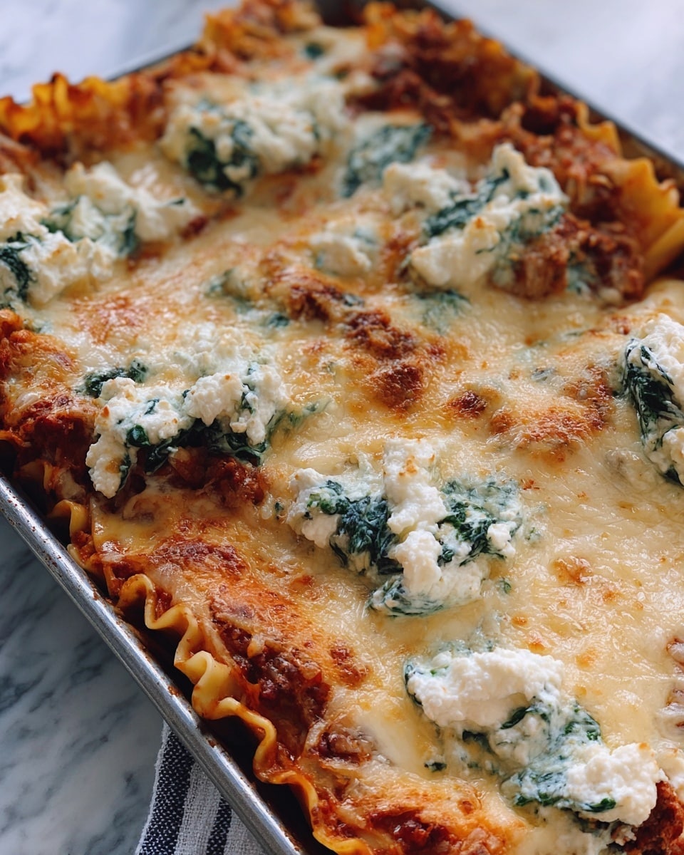 This image shows a baked lasagna in a metal pan with one slice taken out, revealing three visible layers: the top layer is a mix of white melted cheese with green spinach pieces and browned spots, the middle layer contains light orange melted cheese, and the bottom layer is filled with chunky brown cooked meat sauce and wide, flat pasta sheets with slightly ruffled edges. The lasagna pieces are unevenly cut and look soft and cheesy, sitting on a white marbled texture background. Photo taken with an iphone --ar 4:5 --v 7
