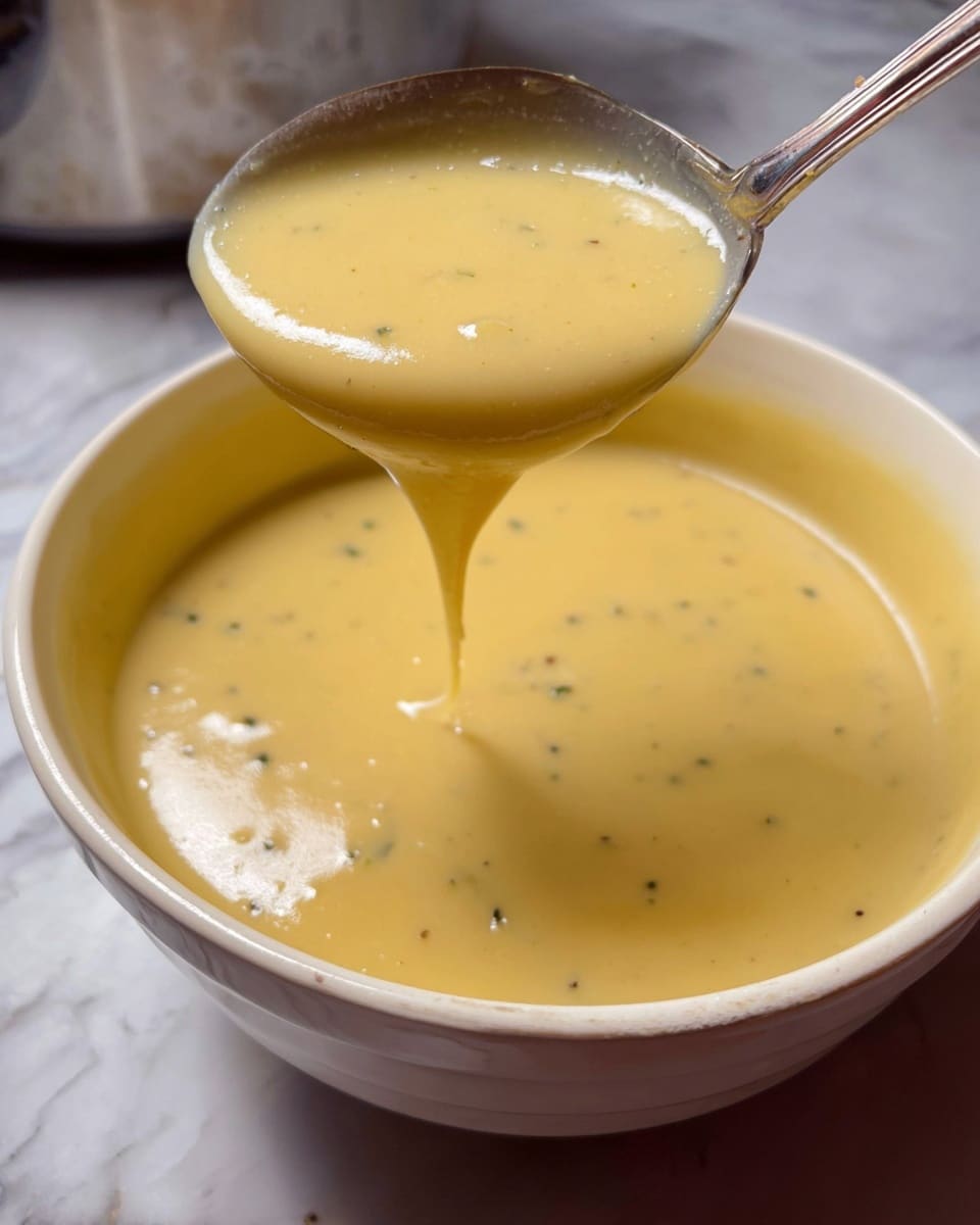The image shows a smooth, creamy turkey gravy with a pale light brown color, poured from a spoon into a white container. The gravy has a thick, velvety texture with small green herb bits gently floating on top. The close-up view focuses on the gravy’s surface shining softly, with the spoon hovering above and gravy slowly dripping back down. The background is a white marbled texture. Photo taken with an iphone --ar 4:5 --v 7