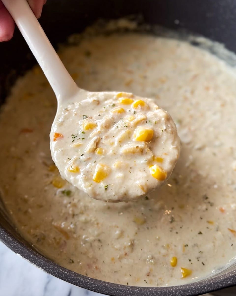 The image shows a close-up of a black slow cooker filled with a creamy dish that has a light beige color with visible chunks of beans and bits of yellow corn throughout. The surface of the dish appears smooth with some lumps, indicating a thick and hearty texture. The slow cooker is placed on a countertop that is changed to a white marbled texture, and the inside edge of the cooker has a glossy black finish. Photo taken with an iphone --ar 4:5 --v 7