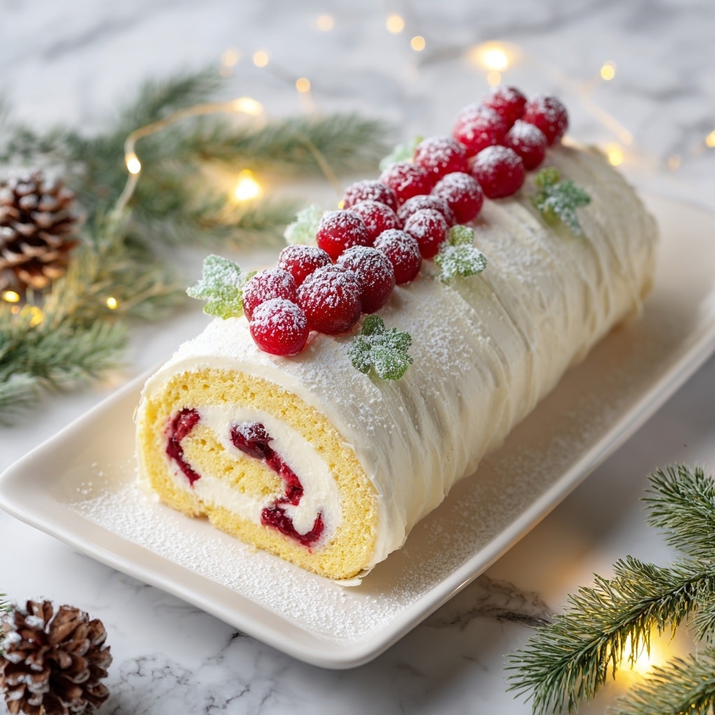 A rolled cake with three visible layers: a light yellow sponge cake on the outer and inner sides, a white creamy layer in the middle, and a red jam-like filling swirling through the cream. The cake is covered in smooth white frosting and dusted with powdered sugar. On top, there is a row of bright red berries sprinkled with powdered sugar, accented with small green leaves, giving a festive look. The cake is placed on a rectangular silver tray sitting on a white marbled textured surface, with some pine cones and frosted green pine leaves nearby. photo taken with an iphone --ar 4:5 --v 7