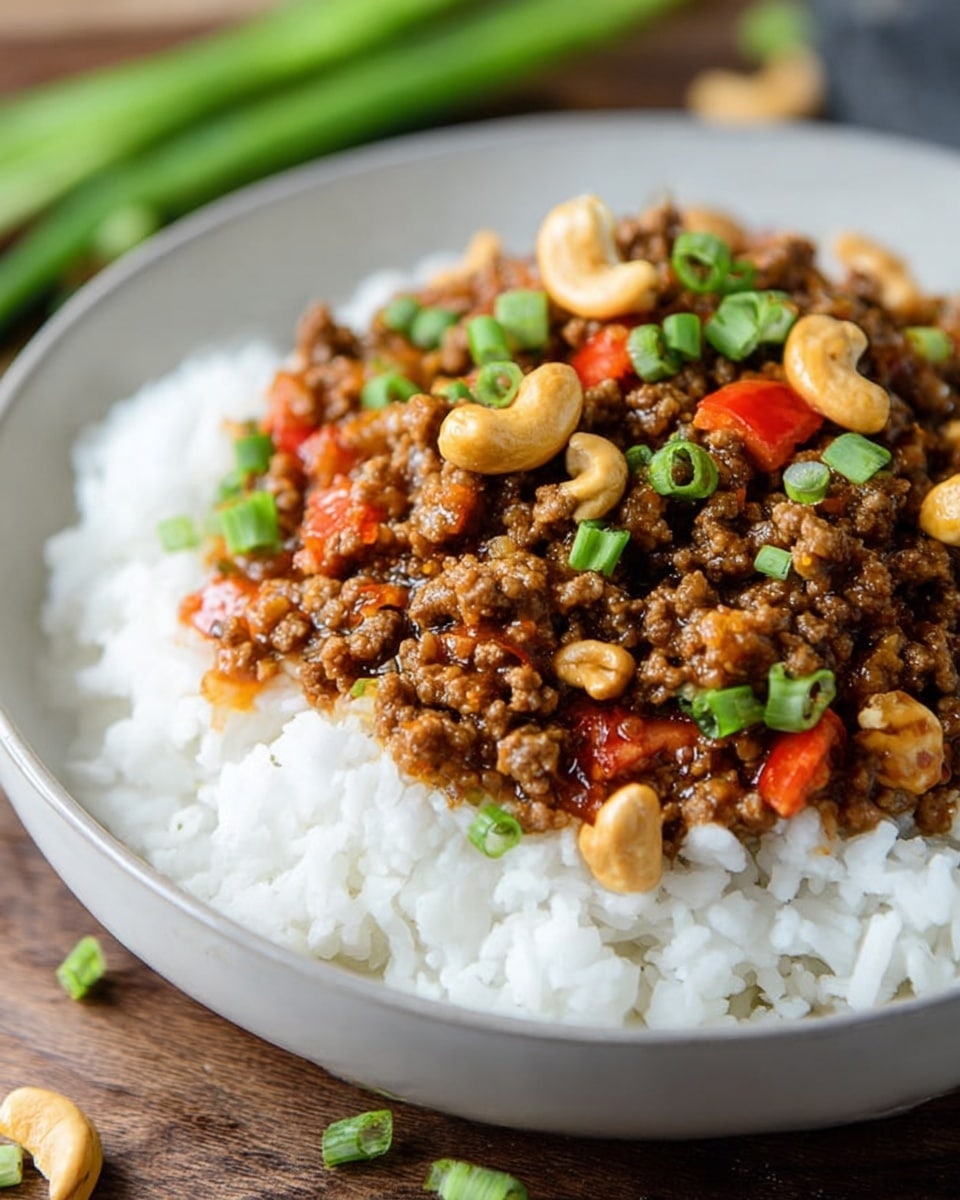 A close-up of a white bowl filled with two layers: the bottom layer is plain white rice with a soft, fluffy texture, and the top layer is a mix of cooked ground meat in a glossy brown sauce, scattered with small pieces of red bell pepper, golden peanuts, and chopped green onions adding bright green spots. The bowl sits on a white marbled surface with some blurred green onions and a red bell pepper in the background. photo taken with an iphone --ar 4:5 --v 7