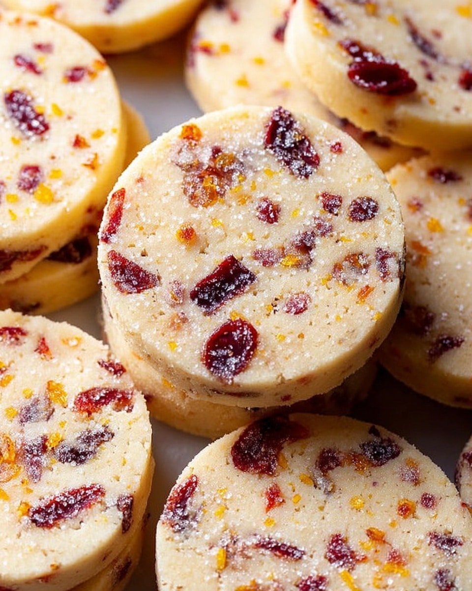The image shows several round, light beige cookies speckled with small dark bits and orange zest, arranged on a white marbled surface. Each cookie is topped with a sprinkling of coarse sugar, giving a slight glimmer. Around the cookies are fresh red cranberries and bright orange wedges, providing vibrant pops of color. The cookies have a smooth, firm texture with visible small pieces of dried fruit and zest embedded throughout. The arrangement is casual, with cookies slightly overlapping and scattered cranberries and orange slices filling the gaps. photo taken with an iphone --ar 4:5 --v 7