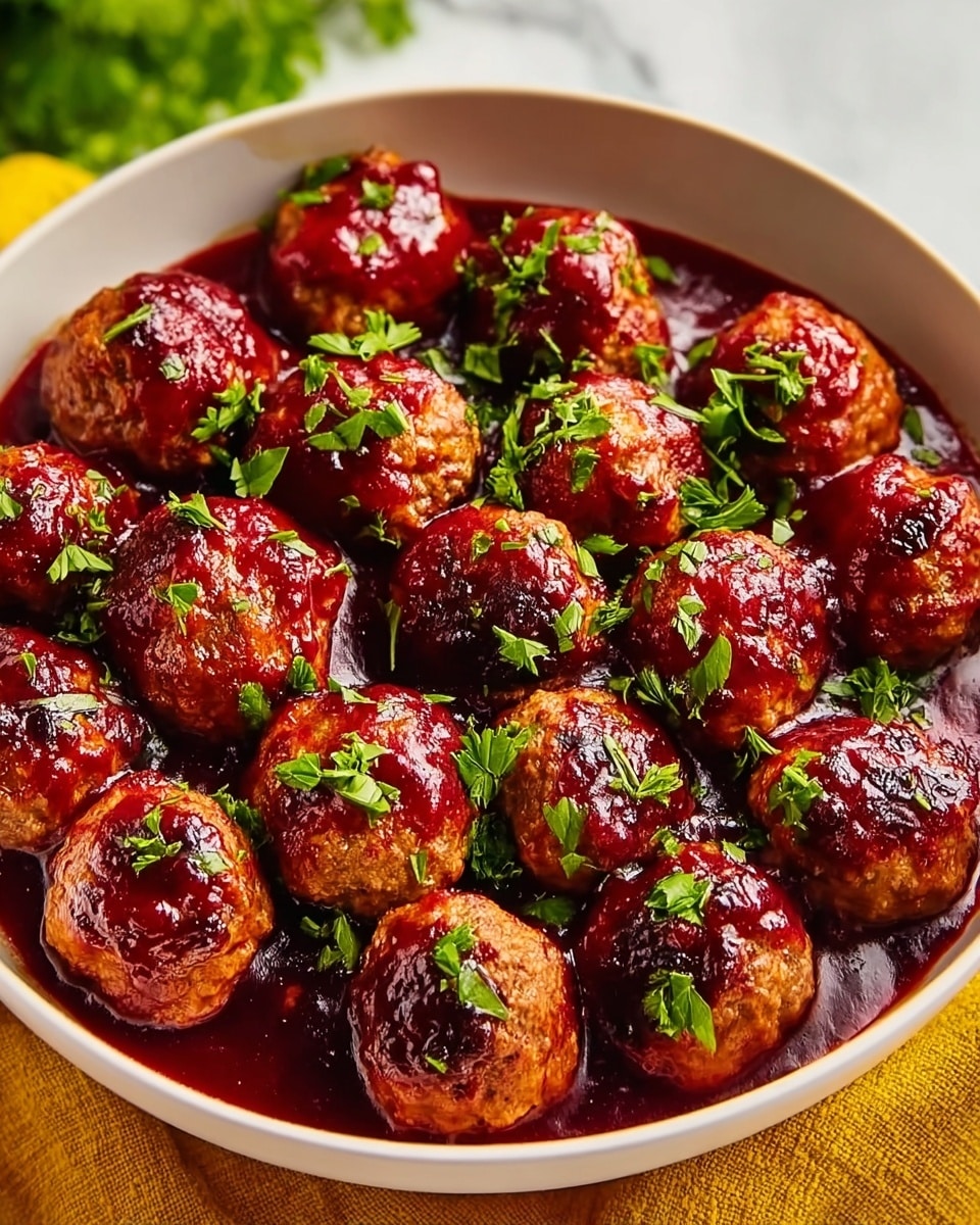 A white bowl filled with around fifteen round meatballs, each covered with a thick, shiny red sauce. The meatballs have a browned, crispy texture, and each one is topped with a dollop of the rich sauce. Bright green chopped herbs are sprinkled evenly over the meatballs and sauce, adding a fresh contrast. The bowl is placed on a light yellow cloth, with a blurred green background. The surface beneath has a white marbled texture. photo taken with an iphone --ar 4:5 --v 7