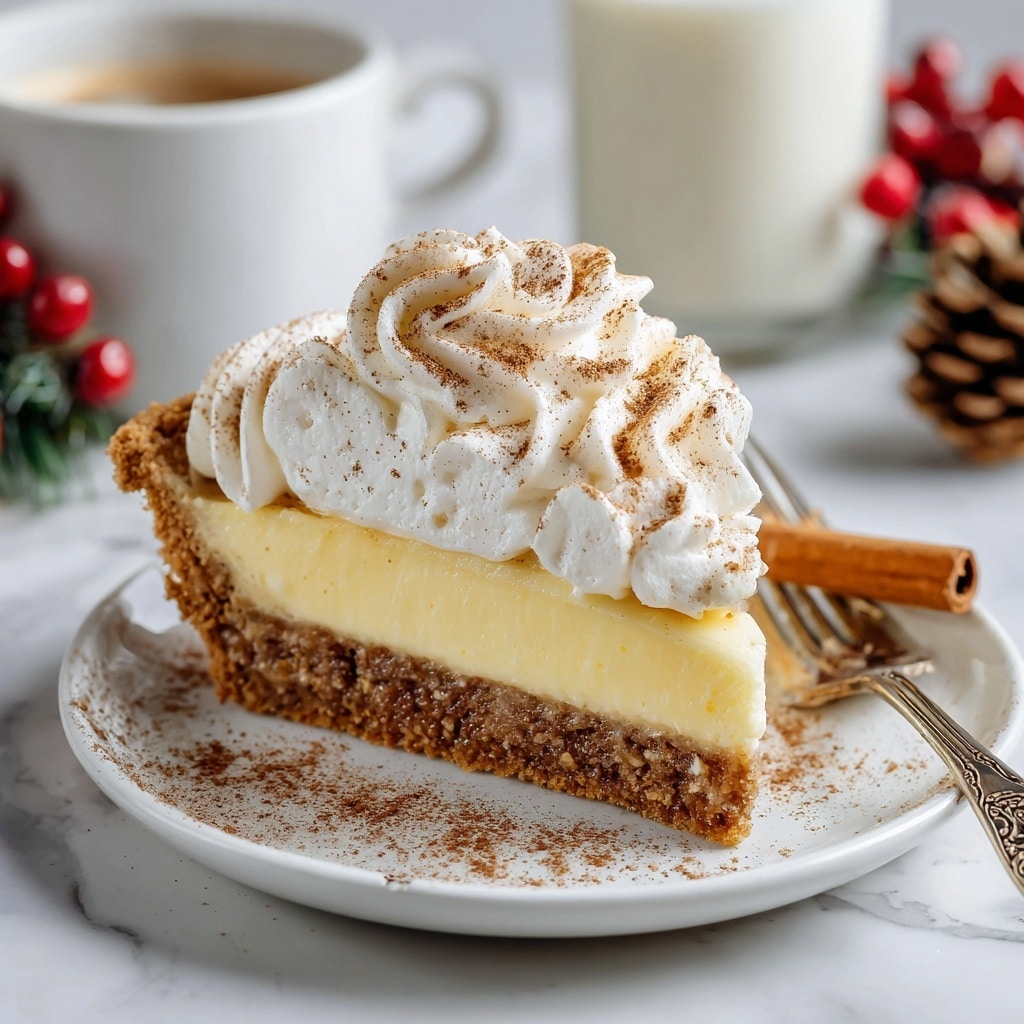 A slice of creamy pie with three layers sits on a white plate with a textured rim, placed on a white marbled surface. The bottom layer is a crumbly, dark brown crust, the middle layer is thick and smooth pale yellow custard, and the top layer is a swirl of white whipped cream dusted with dark brown powder. Two cinnamon sticks rest to the left of the pie slice next to a small silver spoon. In the background, there is a white cup filled with coffee or tea on a matching white saucer, a glass of white liquid, green pine branches, and some red berries, all softly blurred with warm round light bokeh. Photo taken with an iphone --ar 4:5 --v 7