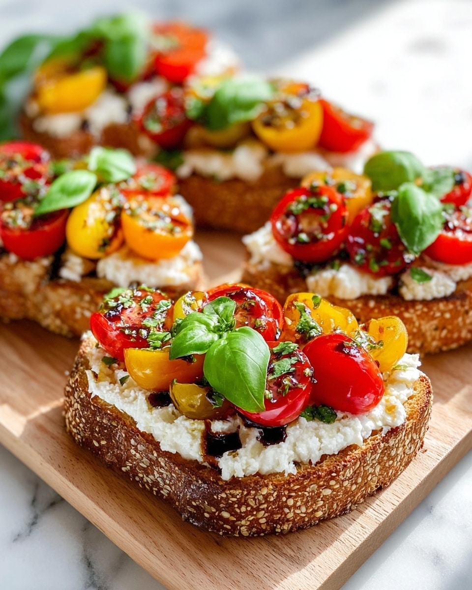 Two pieces of toasted bread lie on a white plate with a white marbled texture background. Each toast has three main layers: the base is golden-brown toasted bread, the middle layer is a thick spread of white ricotta cheese, and the top layer is a colorful mix of chopped red and yellow cherry tomatoes with bits of green basil. The top is finished with a drizzle of dark balsamic glaze and garnished with whole fresh green basil leaves. Photo taken with an iphone --ar 4:5 --v 7