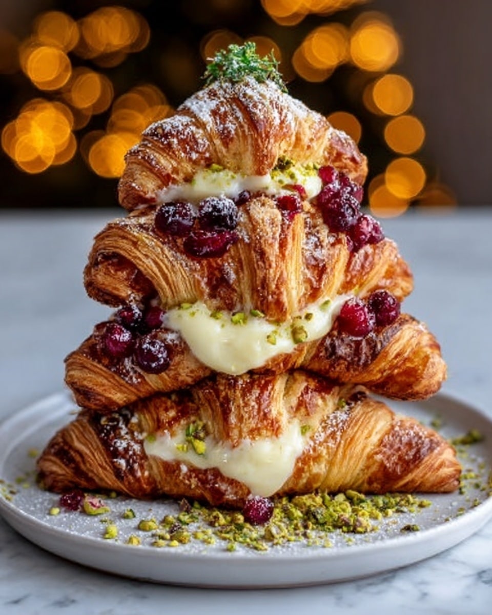 The image shows a stack of four golden-brown croissants arranged like a small pyramid on a white plate. Each croissant layer has creamy white custard filling oozing out between the flaky, crispy layers. The croissants are topped with a dusting of powdered sugar and bright red cranberries scattered on top and between the layers. The bottom and middle croissants are sprinkled with finely chopped green pistachios, adding texture and color contrast. A small green herb garnish sits on the very top. The background is a white marbled surface with blurred warm yellow lights in the distance. Photo taken with an iphone --ar 4:5 --v 7