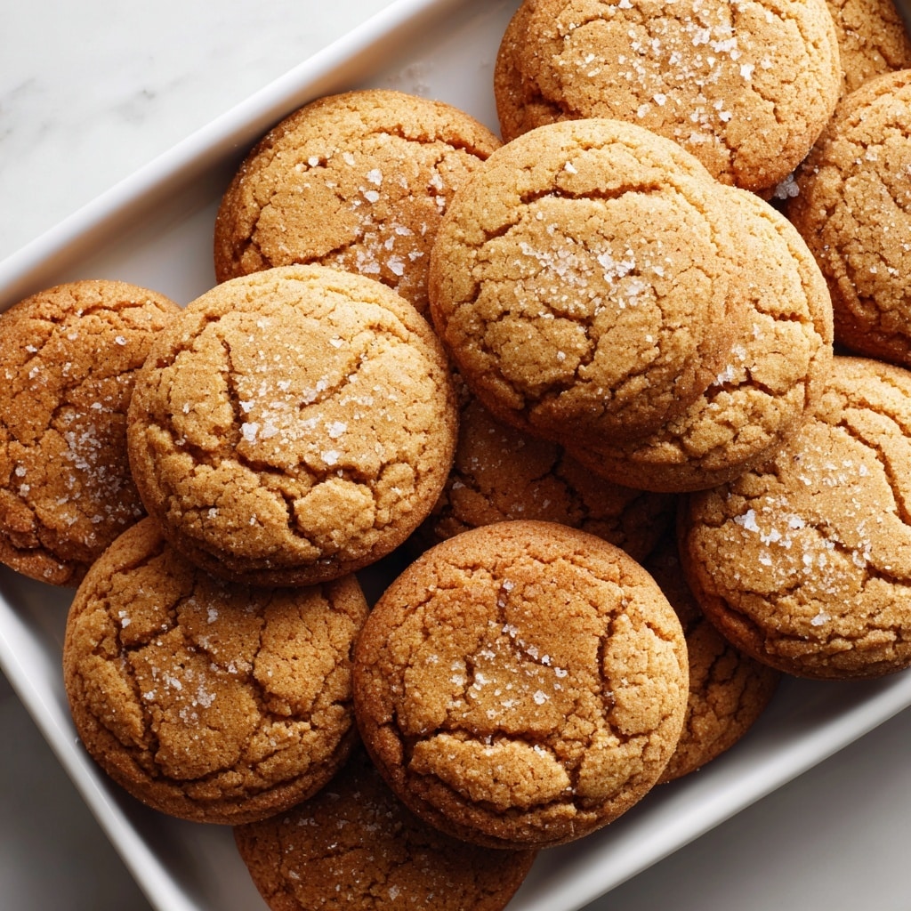 A baking sheet filled with round, golden brown cookies that have slightly cracked tops. Each cookie is sprinkled with small grains of coarse salt, giving a textured look against the smooth, warm cookie surface. The cookies are scattered casually, some slightly touching each other, on the baking sheet. The baking sheet has a light worn look with some darker edge marks. The background is a white marbled texture. photo taken with an iphone --ar 4:5 --v 7