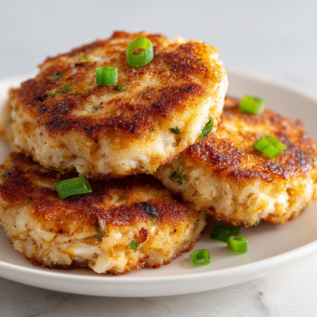 A close-up view shows a pair of woman's hands holding and breaking open a golden-brown, crispy fried patty with a soft, light beige filling that looks creamy and chunky inside. Small pieces of green garnish are on top of the patty. In the background, a blurred stack of several similar patties sits on a white square plate on a white marbled surface. Photo taken with an iphone --ar 4:5 --v 7