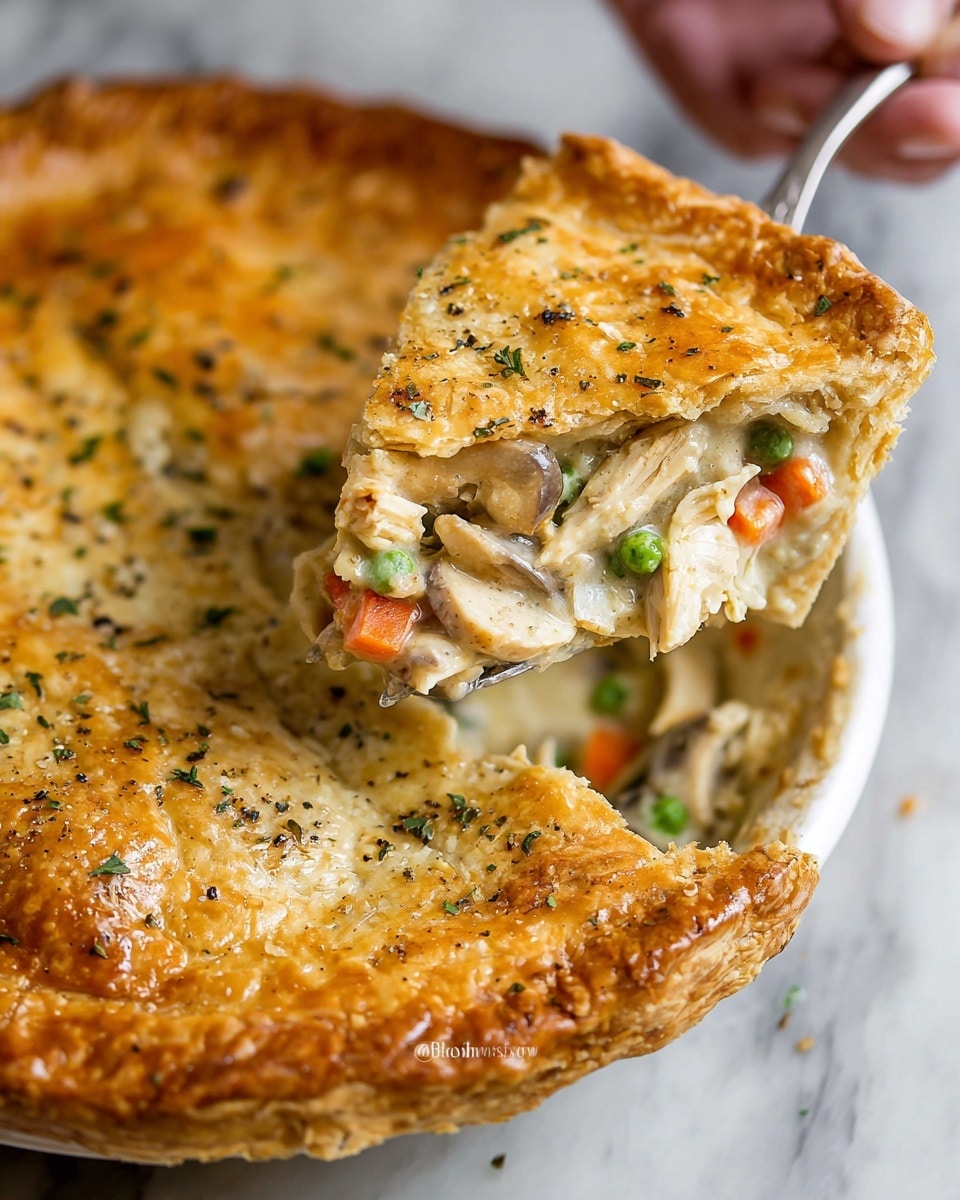 A golden brown pie with a thick, flaky crust is shown, with a slice being lifted by a woman's hand holding a silver fork. The crust is sprinkled with bits of green herbs and black pepper. Inside, the pie reveals layers of creamy filling with visible chunks of orange carrots, green peas, pieces of chicken, and small mushrooms, all held together with a smooth, light sauce. The pie rests on a white plate on a white marbled surface. photo taken with an iphone --ar 4:5 --v 7