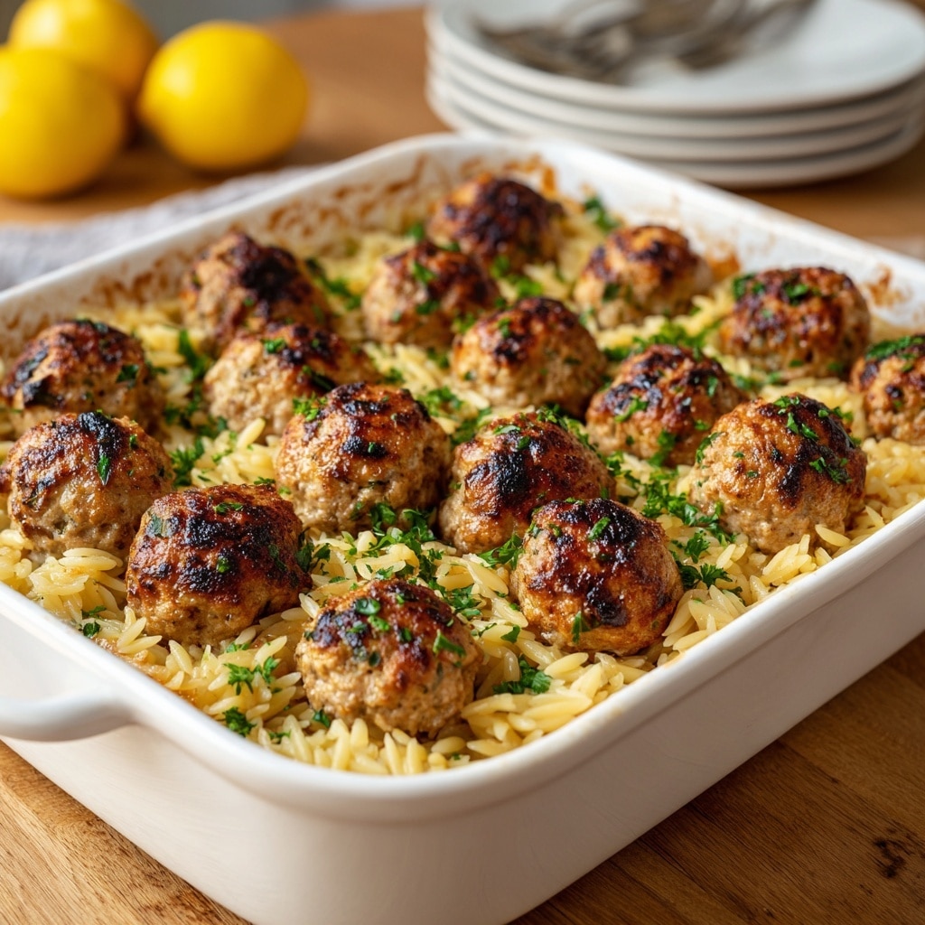 A white rectangular baking dish filled with a single layer of cooked orzo pasta that is light yellow and soft-looking, topped evenly with sixteen golden-brown meatballs that have a slightly crispy, charred surface and are sprinkled with small green parsley pieces. The edges of the pasta have some light browning where it touched the dish. The dish is set on a wooden surface with blurred stacked white plates and cutlery and a lemon in the background. photo taken with an iphone --ar 4:5 --v 7