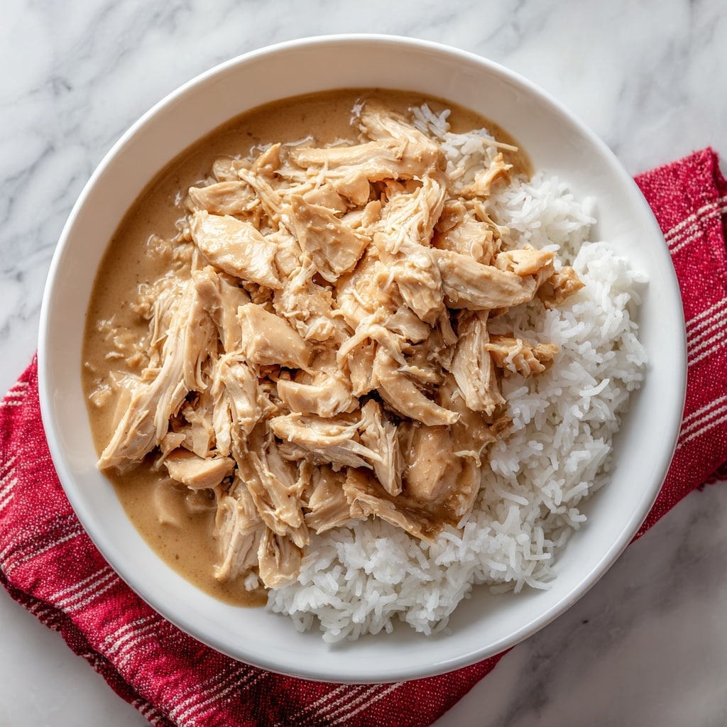 The image shows a white bowl filled with two main layers: the bottom layer is soft white rice with a slightly fluffy texture, and the top layer is shredded pieces of cooked chicken covered in a smooth, thick, light brown gravy that coats the chicken well. The bowl is placed on a white marbled surface with a red and white striped cloth partially visible beside it. Photo taken with an iphone --ar 4:5 --v 7