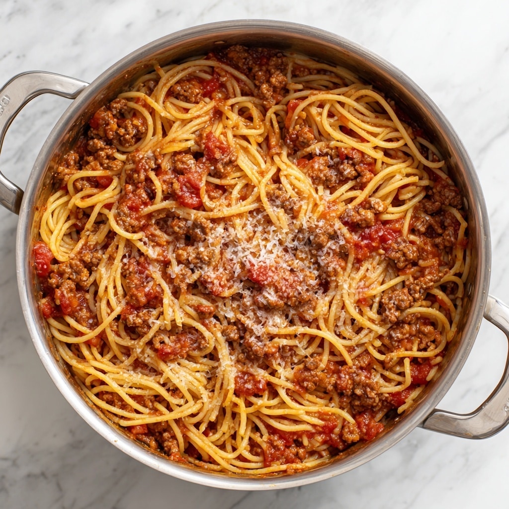 This image shows a pot filled with spaghetti mixed with a rich red tomato sauce. The sauce has visible chunks of browned ground meat spread throughout and is topped with a light sprinkle of grated cheese. The spaghetti strands are evenly coated in the sauce, creating a textured mix of noodles and meat. The shiny metal pot contains the dish and rests on a white marbled surface, adding a clean background contrast. The scene is brightly lit with natural colors and details. photo taken with an iphone --ar 4:5 --v 7