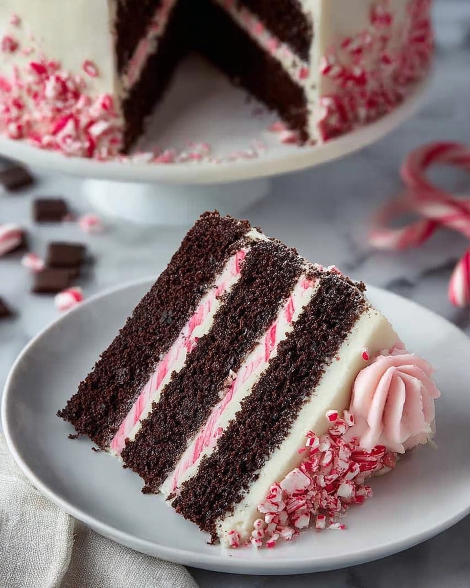 A slice of cake on a white plate shows four thick layers of dark brown chocolate cake, with three layers of white and pink striped cream in between. The slice is topped with smooth white frosting and a small swirl of pink cream on one end. The full cake in the background is covered with white frosting and decorated with crushed red and white peppermint pieces around the base, with more peppermint pieces scattered on the white marbled surface. Some candy canes and chocolate pieces are blurred in the background. Photo taken with an iphone --ar 4:5 --v 7
