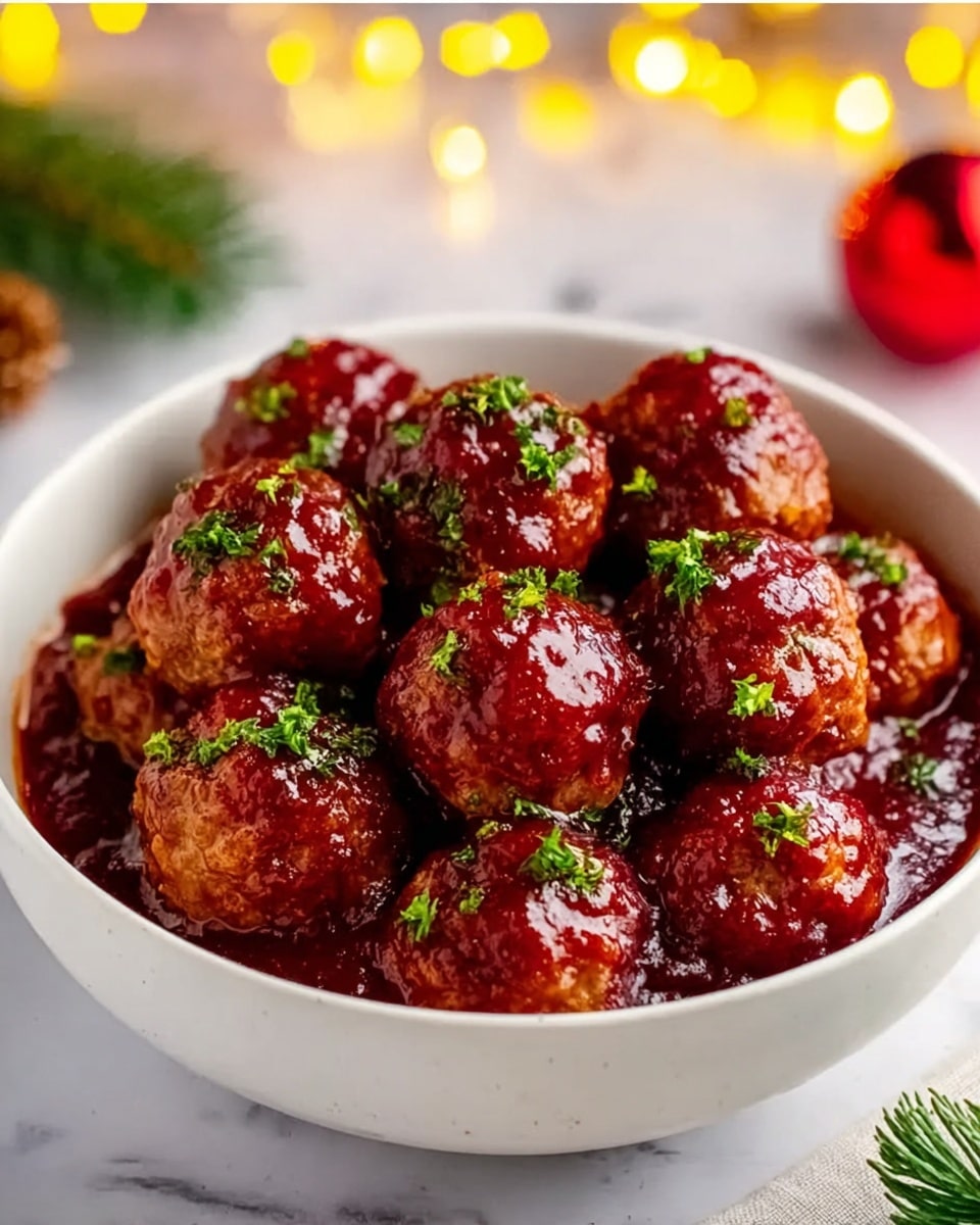 A white bowl filled with about a dozen round meatballs covered in a thick, shiny, dark red sauce, each meatball showing a golden brown texture under the sauce. Small pieces of bright green chopped herbs are sprinkled on top of the meatballs and sauce, giving a fresh contrast. The bowl sits on a white marbled surface, and in the soft background, small yellow and white bokeh lights appear with hints of green pine and red decorations, suggesting a festive setting. photo taken with an iphone --ar 4:5 --v 7