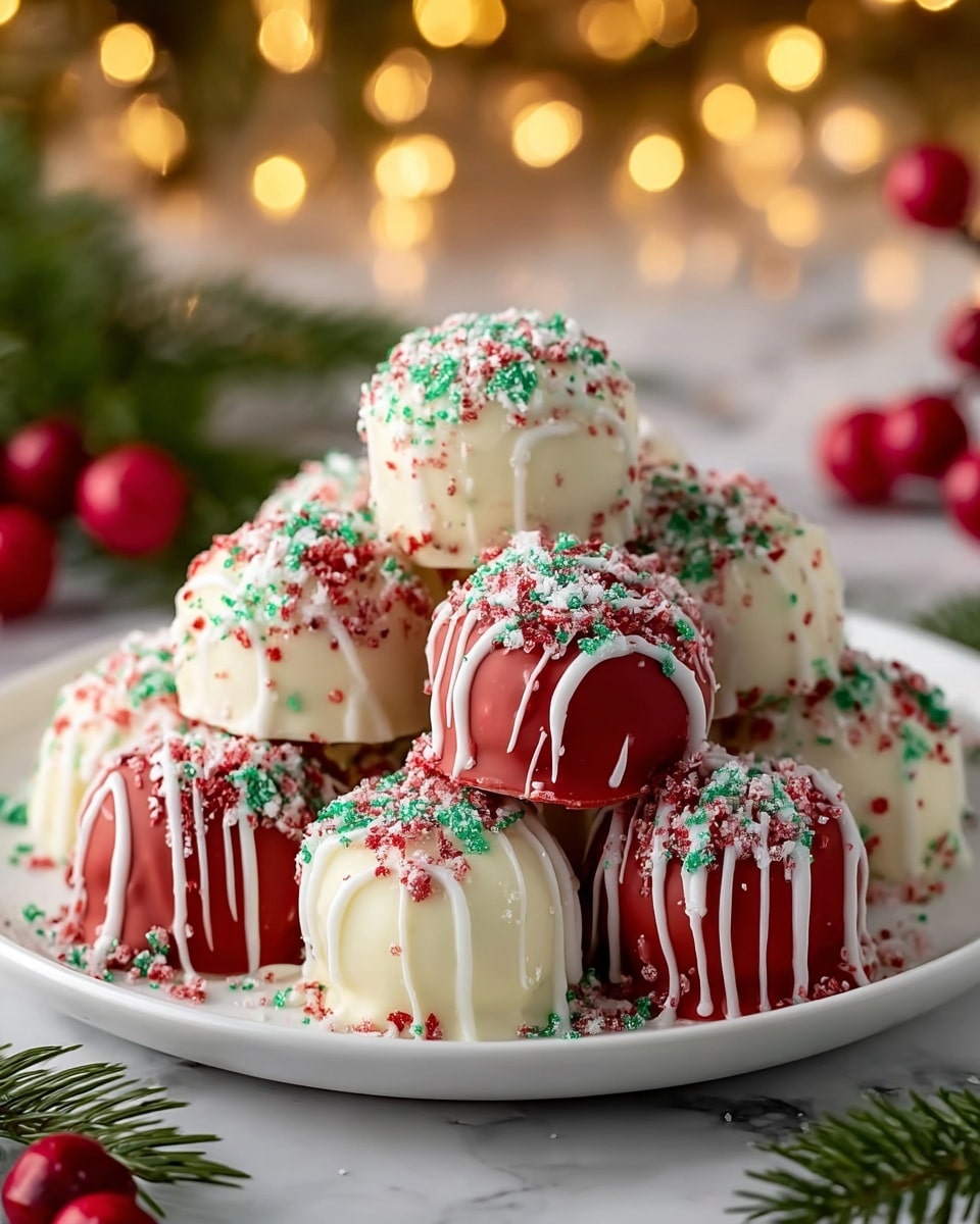 A white plate holds ten round truffles arranged in two layers, with a mix of red, green, and white colors. The truffles are coated in smooth red, green, and white chocolate, each drizzled with fine white chocolate lines. On top of each truffle are small red, green, and white sprinkles, adding a festive look. The plate is placed on a white marbled surface with scattered white powder and red shiny ornaments around, with blurred golden lights and pine cones in the background. A small pine branch is visible at the lower right corner. photo taken with an iphone --ar 4:5 --v 7