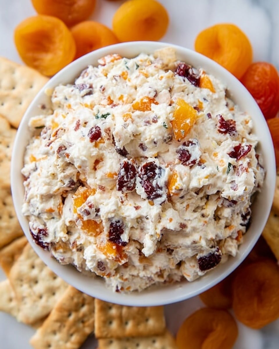 A close-up image of a scoop of creamy white cheese mixed with bright orange dried apricot pieces and dark red dried cranberries, all in one layer thoroughly mixed together. The mixture is placed in a white bowl with smooth curved edges, sitting on a white marbled textured surface. The colors are vibrant and the texture looks soft with bits of chewy fruits visible throughout. photo taken with an iphone --ar 4:5 --v 7