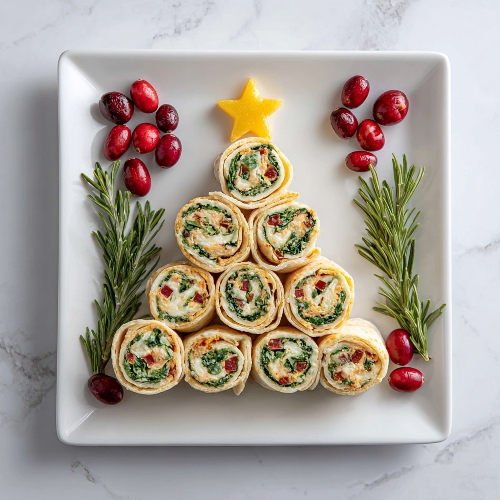 The image shows a Christmas tree shape made from 34 pinwheel sandwiches arranged in layers on a dark wooden rectangular tray. Each pinwheel has three visible layers: a pale beige outer tortilla, a creamy white spread inside, and a green leafy filling with small bits of red, likely bell pepper, swirled together. The sandwich layers are rolled tightly and stacked, forming a solid triangular tree shape with five horizontal layers getting wider toward the bottom. On top of the tree is a bright yellow star-shaped piece. Around the tray are bright red cranberries and fresh green rosemary sprigs for decoration. The tray sits on a light-colored cloth over a white marbled surface. photo taken with an iphone --ar 4:5 --v 7