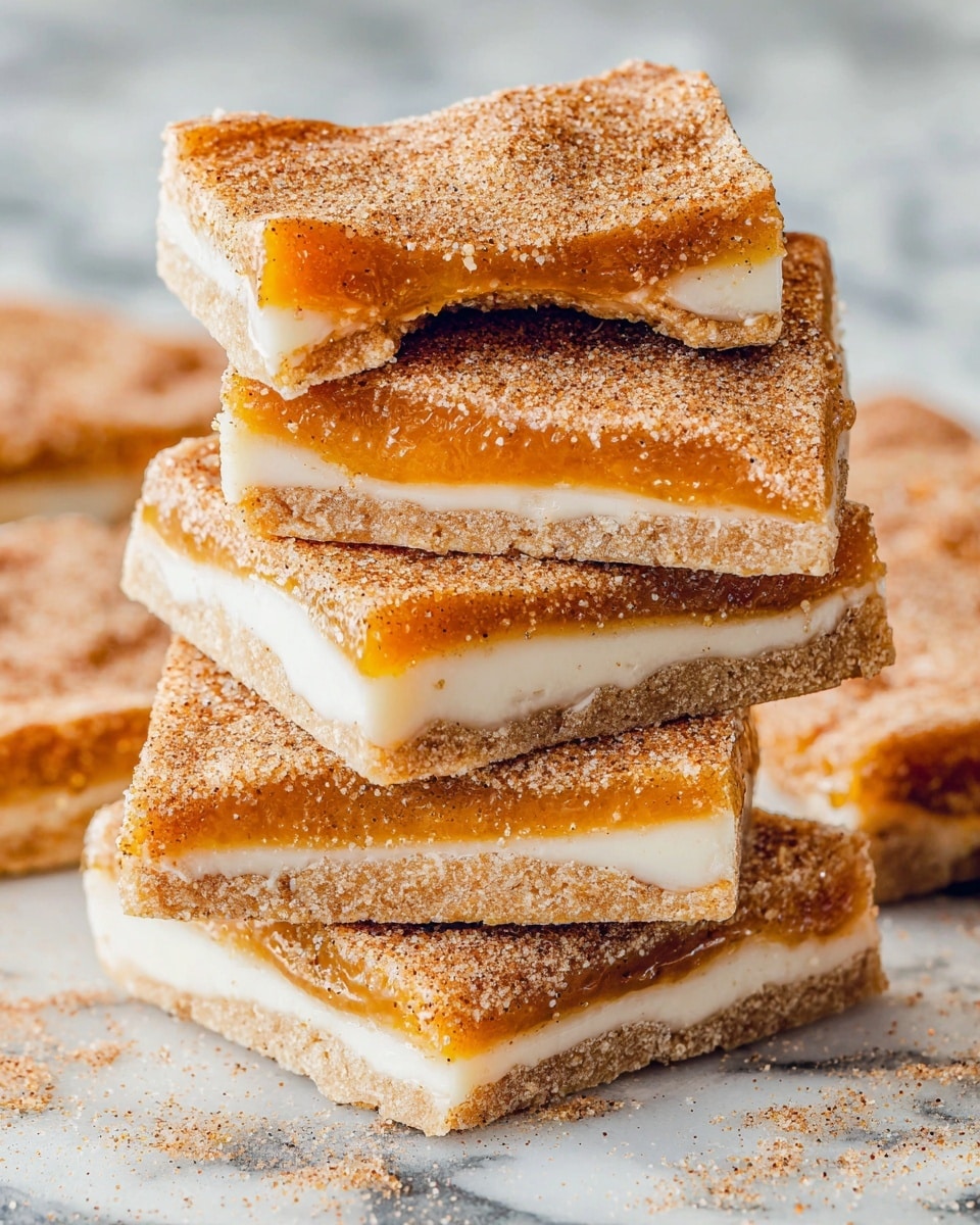 A stack of six square bars is shown on a white marbled surface. Each bar has three visible layers: the bottom layer is a light brown crust with a slightly crumbly texture, the middle layer is a thick, smooth orange filling, and the top layer is a white cream covered with a generous sprinkling of brown sugar and cinnamon, giving it a grainy look. Two bars rest on top of the stack, broken to reveal the glossy orange filling inside. The bars are unevenly stacked, creating a casual, homemade feel. photo taken with an iphone --ar 4:5 --v 7