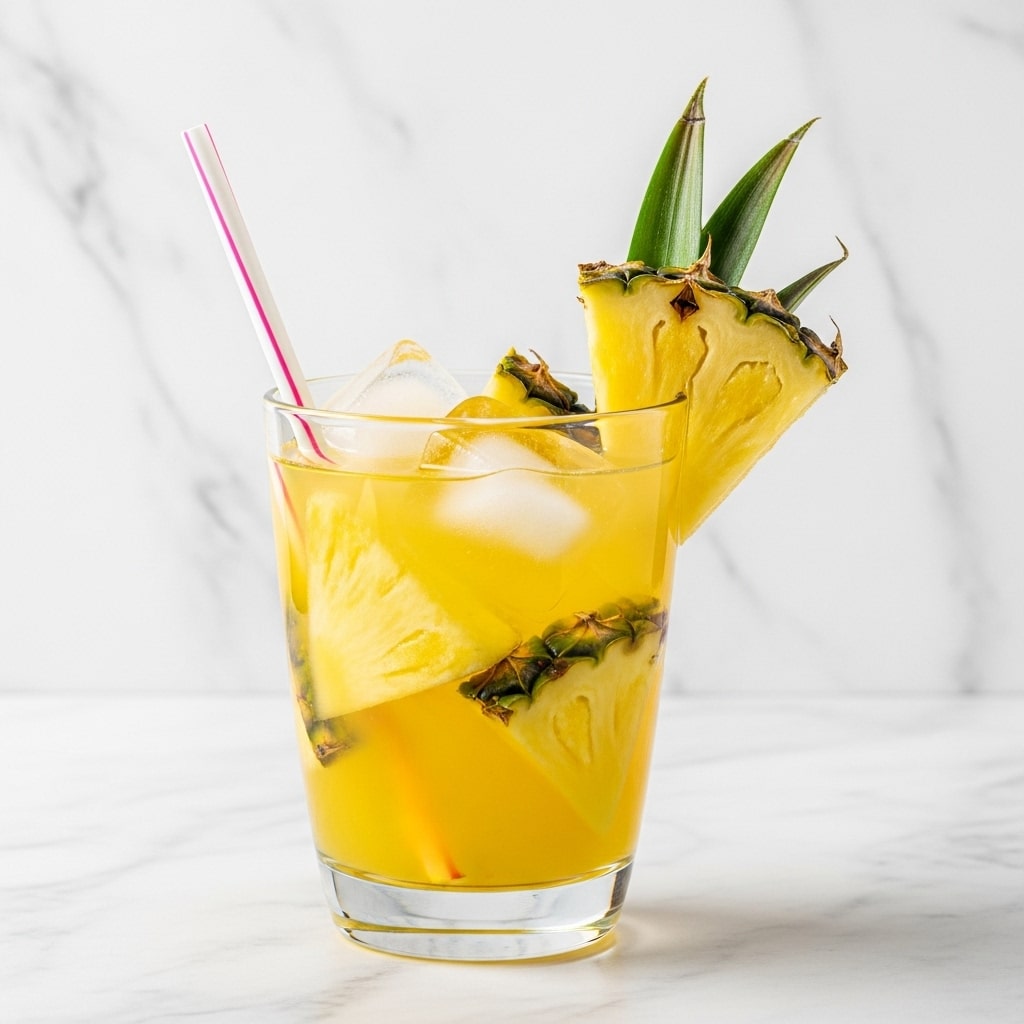 A tall clear glass filled with bright yellow pineapple juice layered with ice cubes and thin slices of lemon, showing a shiny, cold, and fresh texture; a large triangular pineapple slice with green crown leaves rests on the glass rim; a pink and white striped straw stands inside the drink; the glass is set on a white marbled surface with blurred pineapple and lemon pieces in the background, giving a fresh tropical feel photo taken with an iphone --ar 4:5 --v 7