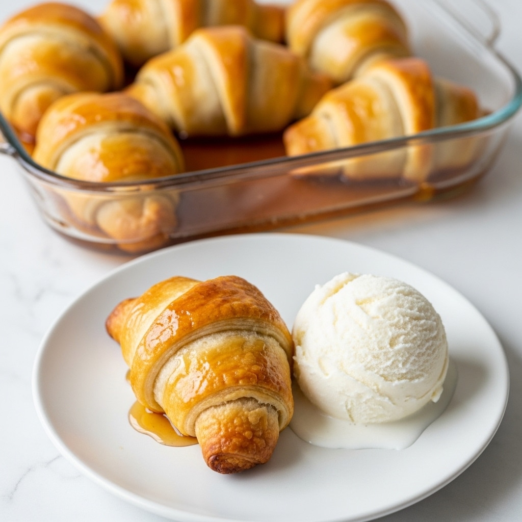 The image shows a close-up of golden brown crescent roll apple dumplings in a white round dish filled with a shiny syrup. The dumplings have a flaky, crispy texture with specks of cinnamon on top. In another part of the image, one crescent roll apple dumpling is placed next to a scoop of smooth white vanilla ice cream. Both are set on a white plate against a background with a soft warm blur over a white marbled surface. photo taken with an iphone --ar 4:5 --v 7