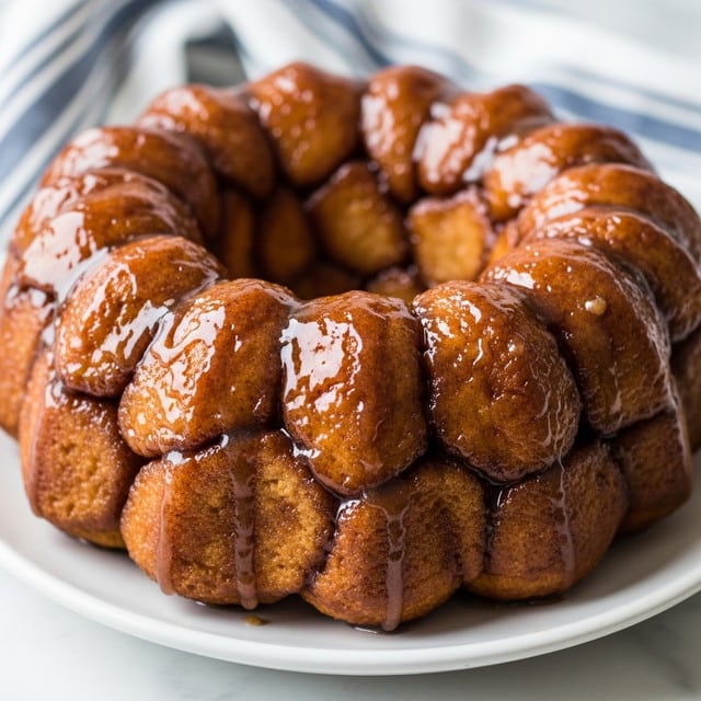 A close-up view of shiny, golden-brown caramelized dough pieces tightly packed together in a round shape, each piece covered in a thick, glossy layer of sticky caramel sauce with visible cinnamon specks. The dough looks soft and slightly spongy underneath the rich, shiny coating, forming a textured cluster on a white plate, with part of a blue and white striped cloth visible in the background. The whole setup is on a white marbled surface. Photo taken with an iphone --ar 4:5 --v 7