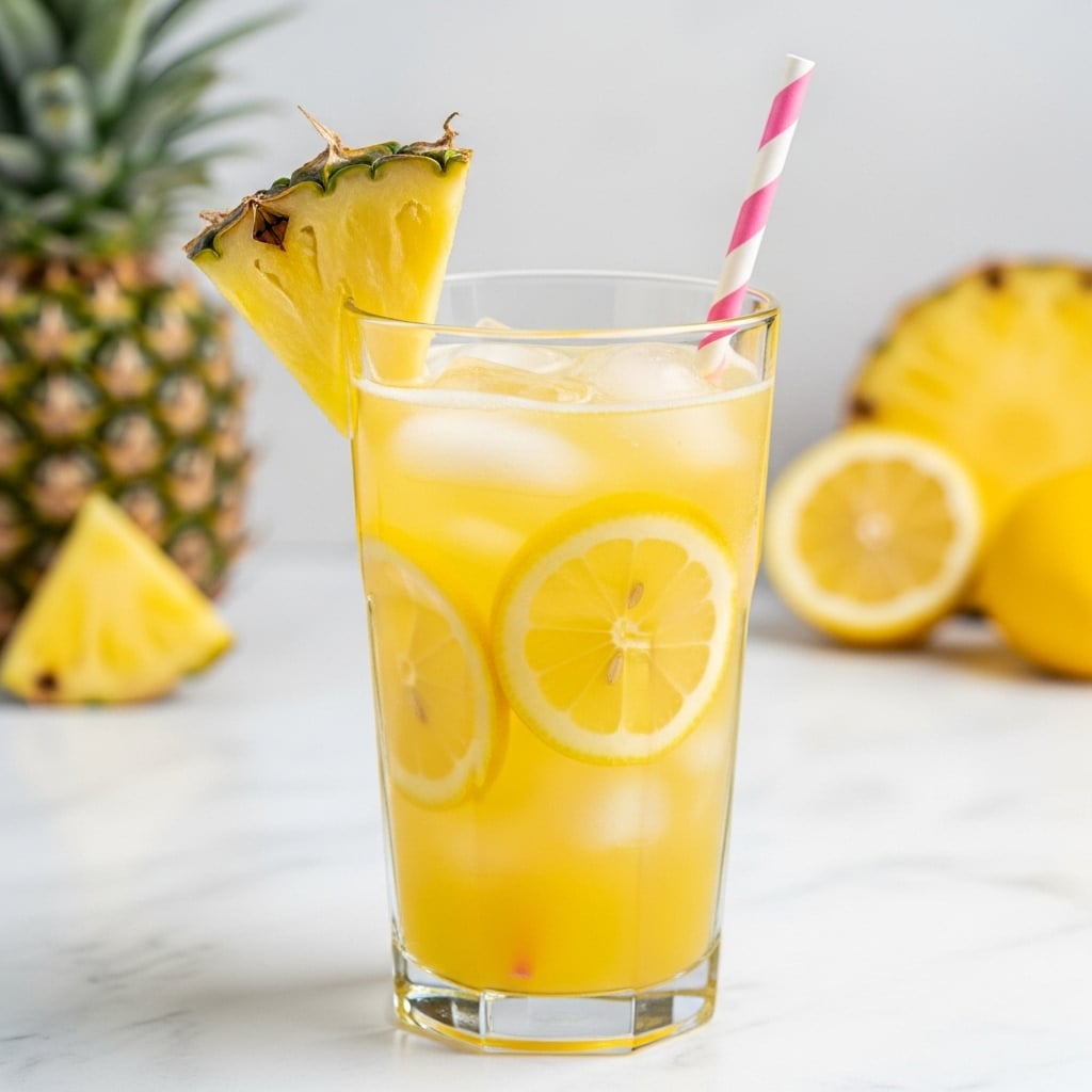 A clear glass filled with bright yellow pineapple juice, showing several thick slices of fresh pineapple floating inside and around large ice cubes; a white and pink striped straw stands upright in the glass, while a wedge of pineapple with green spiky leaves decorates the rim. The background is a white marbled texture. Photo taken with an iphone --ar 4:5 --v 7