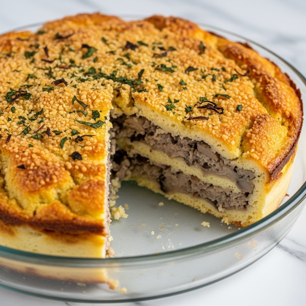 A round clear glass dish shows a layered casserole with three visible layers: the bottom layer is creamy white macaroni pasta with yellow corn pieces mixed in, the middle layer appears to be browned ground meat, and the top layer is golden brown crispy baked breadcrumbs with scattered green herbs for garnish. The dish is set on a white marbled surface. Photo taken with an iphone --ar 4:5 --v 7