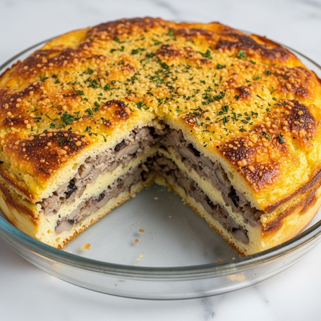 The image shows a round baked dish with three visible layers inside: the bottom layer is light yellow and smooth, the middle layer is a mix of beige and brown with bits of mushrooms and other small pieces, and the top layer is a golden brown crust with a crispy texture sprinkled with green herbs and small burnt spots. The dish sits in a clear glass round baking dish on a white marbled surface, and a large slice is missing from the front, revealing the inside layers clearly. Photo taken with an iphone --ar 4:5 --v 7