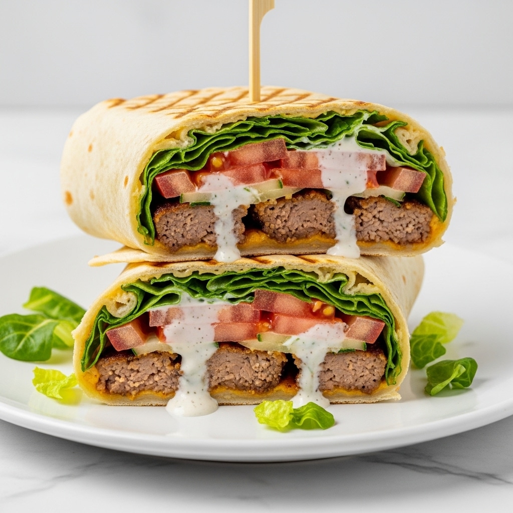 The image shows two halves of a wrap sandwich stacked on a white plate, resting on a white marbled surface. The wrap has a golden toasted outer layer with visible light brown grill marks. Inside, there are several layers including green lettuce, bright red tomato pieces, creamy white sauce drizzled generously, and tender chunks of cooked meat with a slightly browned texture. The sandwich is held together with a wooden skewer, and there are small pieces of green lettuce scattered around the plate. Photo taken with an iphone --ar 4:5 --v 7