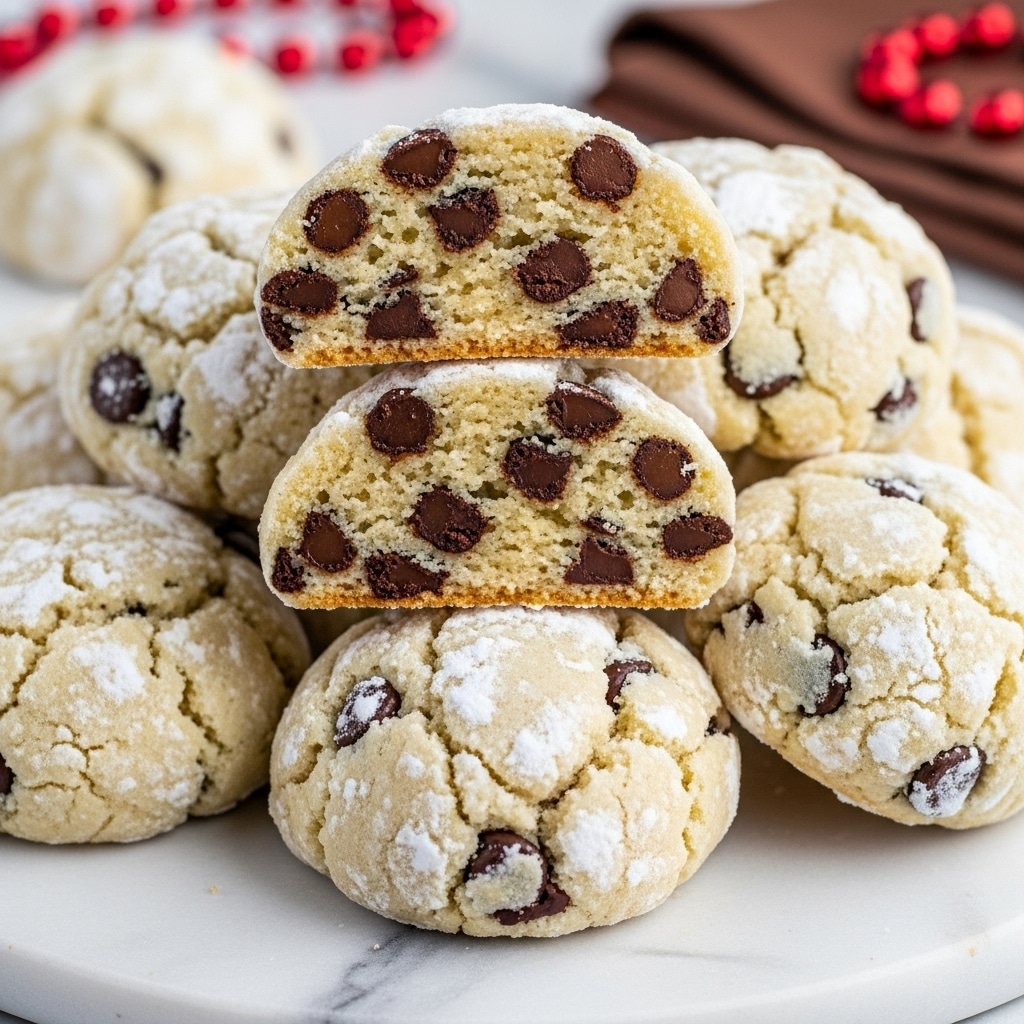 The image shows a bowl full of round cookies covered in a light dusting of white powdered sugar, giving them a slightly rough texture on the outside. The cookies are pale golden in color with small dark chocolate chips scattered through the dough, visible especially in the two cookies placed on top—one of which is cut in half, revealing its soft, crumbly inside filled with many chocolate chips. The bowl holding the cookies is white and is set on a white marbled surface. Photo taken with an iphone --ar 4:5 --v 7