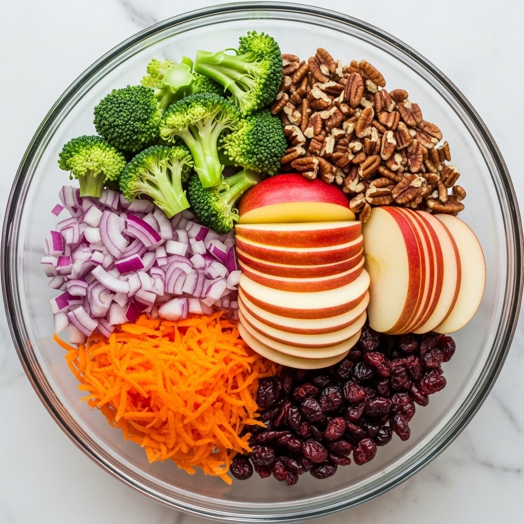 A clear glass bowl holds a colorful mix of salad ingredients, neatly placed in separate sections. Starting with bright green broccoli florets in the top left, followed by crunchy chopped red onions with a pale purple shade. Next, a pile of shredded orange carrots sits below the onions. In the middle right, there are several slices of red and yellow apple wedges stacked in layers, showing the fresh skin and pale inner fruit. On the top right, chunks of brown pecans add texture. Below the apples, dark red dried cranberries create contrast. The bowl sits on a white marbled surface, and the photo is bright and clear, showing fresh and crisp ingredients. photo taken with an iphone --ar 4:5 --v 7