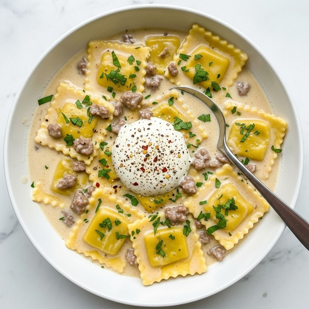 A white bowl filled with large square ravioli pieces in a creamy white sauce, scattered with small bits of browned meat and sprinkled with finely chopped green herbs. On top in the center, there is a round dollop of thick white cream or cheese with a light dusting of black pepper and red chili flakes. A silver spoon rests inside the bowl near the dollop. The bowl sits on a white marbled surface. photo taken with an iphone --ar 4:5 --v 7
