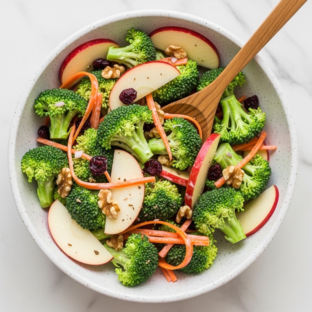 The image shows a fresh broccoli salad in a white speckled bowl, with bright green broccoli florets as the main layer, mixed with thin orange carrot strips and crisp red apple slices that have white flesh and red skin. Small pieces of light brown walnuts and dark dried cranberries are scattered throughout, adding texture and color contrasts. Everything is coated lightly in a creamy white dressing, giving a slightly glossy look. A wooden spoon with a smooth texture rests inside the bowl, slightly lifting some of the salad. The bowl sits on a white marbled surface. photo taken with an iphone --ar 4:5 --v 7
