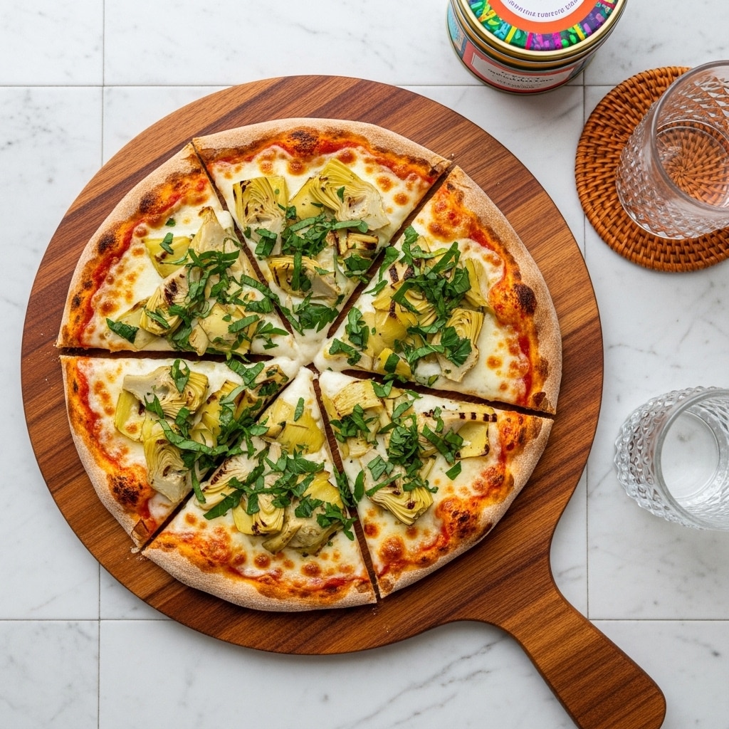 A round pizza cut into six slices sits on a wooden paddle board with a smooth surface. The pizza has one thin, brown crust layer, topped with a creamy white cheese layer that is melted and slightly browned in spots. Over the cheese, there are scattered pieces of grilled, pale yellow artichoke hearts, and a layer of chopped dark green leafy herbs sprinkled evenly on top. The setting includes a white marbled tile surface beneath the paddle board, a clear glass with a textured pattern on the right, and a round container with a colorful label and an orange woven coaster at the top right corner. photo taken with an iphone --ar 4:5 --v 7