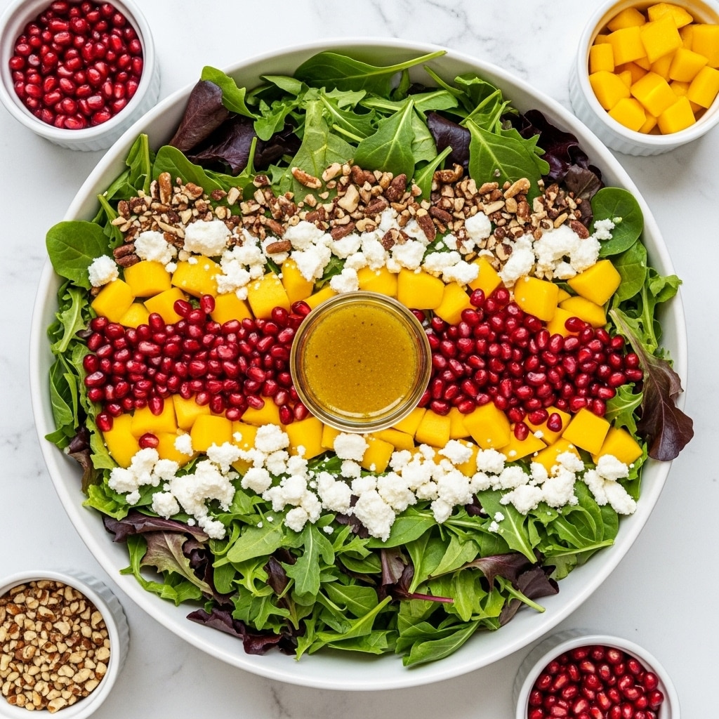 A large white plate holds a colorful salad with several layers. The base layer is green leafy lettuce covering the entire plate. On top, there are small red pomegranate seeds and orange beetroot cubes scattered evenly. White crumbled cheese is sprinkled generously all over the salad, adding texture and contrast. In the center, there is a small glass bowl filled with light brown dressing. The salad looks fresh and vibrant, placed on a white marbled surface. Photo taken with an iphone --ar 4:5 --v 7