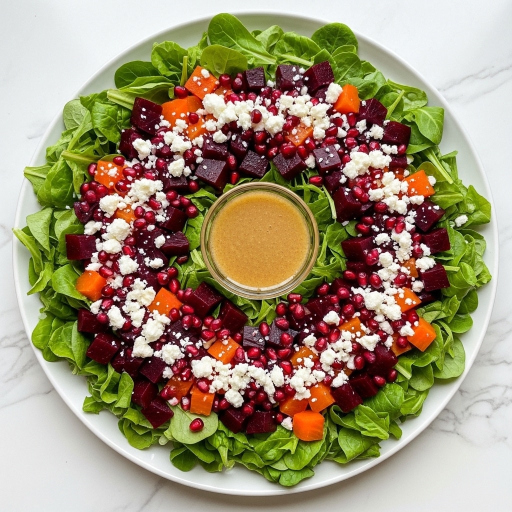 A large white bowl filled with a vibrant mixed green salad as the base layer, with dark and light green leafy textures. The second layer consists of bright red pomegranate seeds and yellow mango chunks scattered evenly throughout. The top layer is sprinkled with white crumbled cheese and some brown chopped nuts, adding texture and contrast. In the center of the salad, there is a small glass jar with golden yellow salad dressing. The bowl sits on a white marbled surface, surrounded by smaller white bowls containing more pomegranate seeds, mango chunks, crumbled cheese, and nuts. photo taken with an iphone --ar 4:5 --v 7